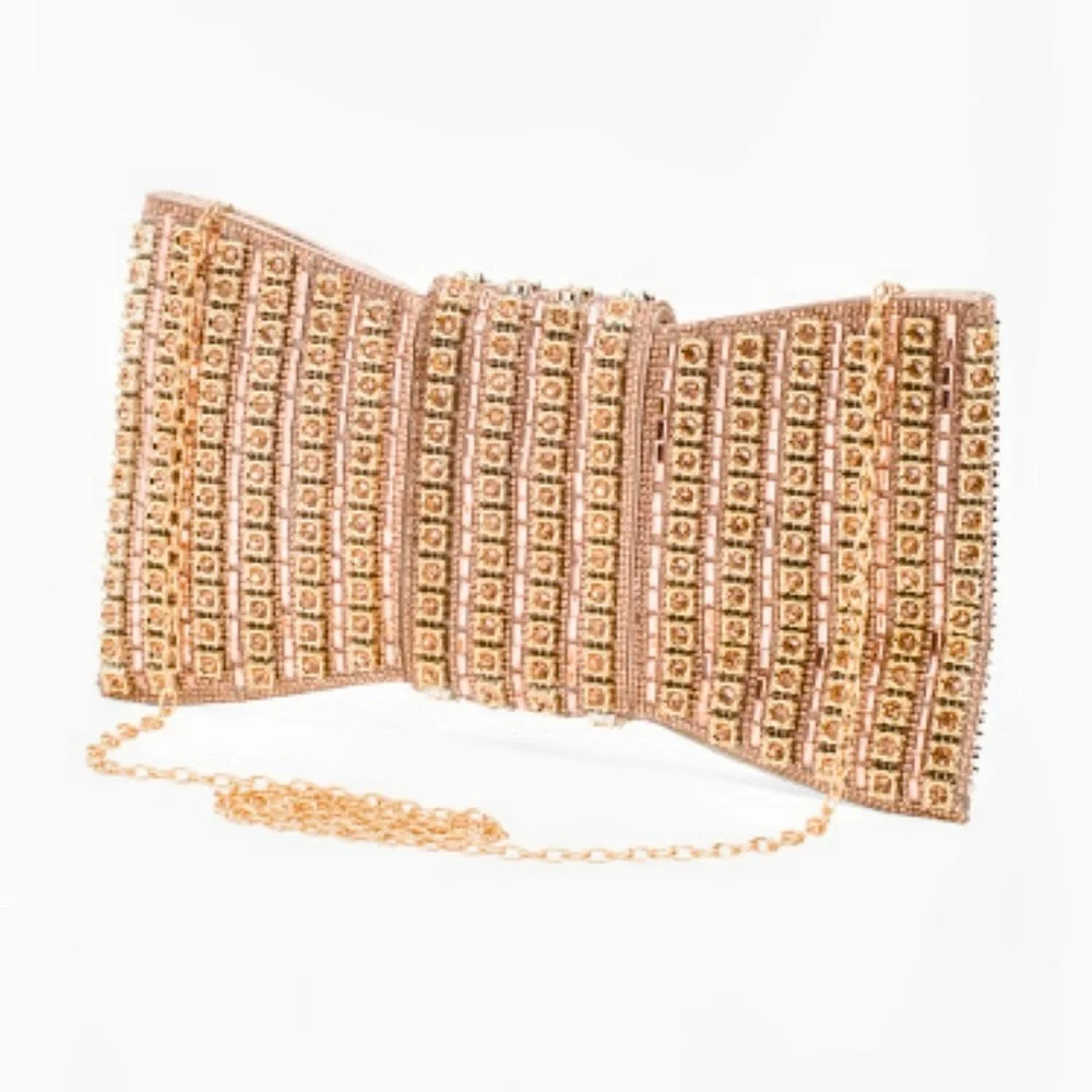 NEW Most Wanted Beaded Bow Clutch Purse in Gold